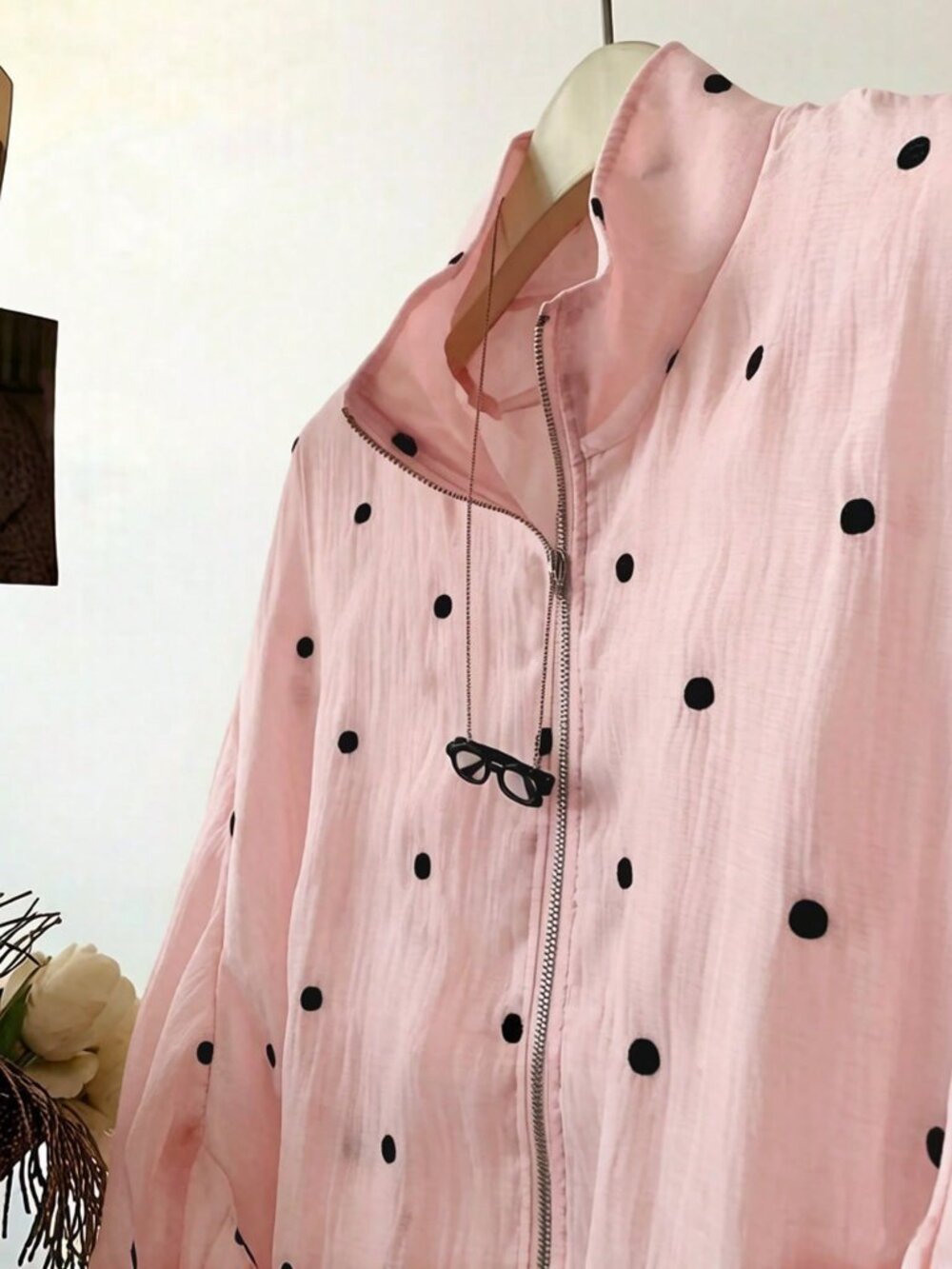 Pink Casual Women's Polka Dot Print Zip-Up Lightweight Jacket - Picture 4 of 6